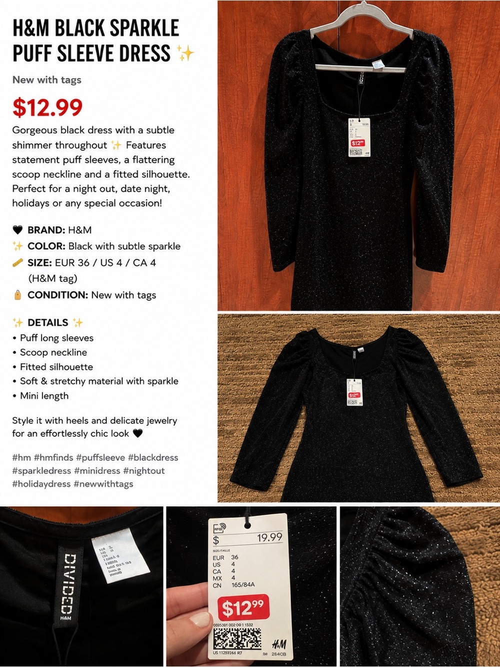 NWT H&M Black Sparkle Puff-Sleeve Mini Dress